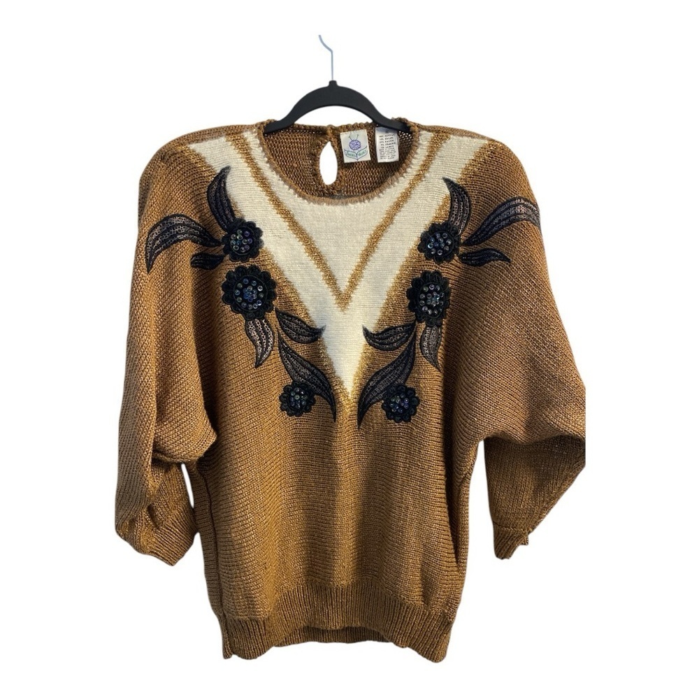 Vintage Brown & White Floral Embroidered Sweater Shoulder Pads Knitwear Size XL
